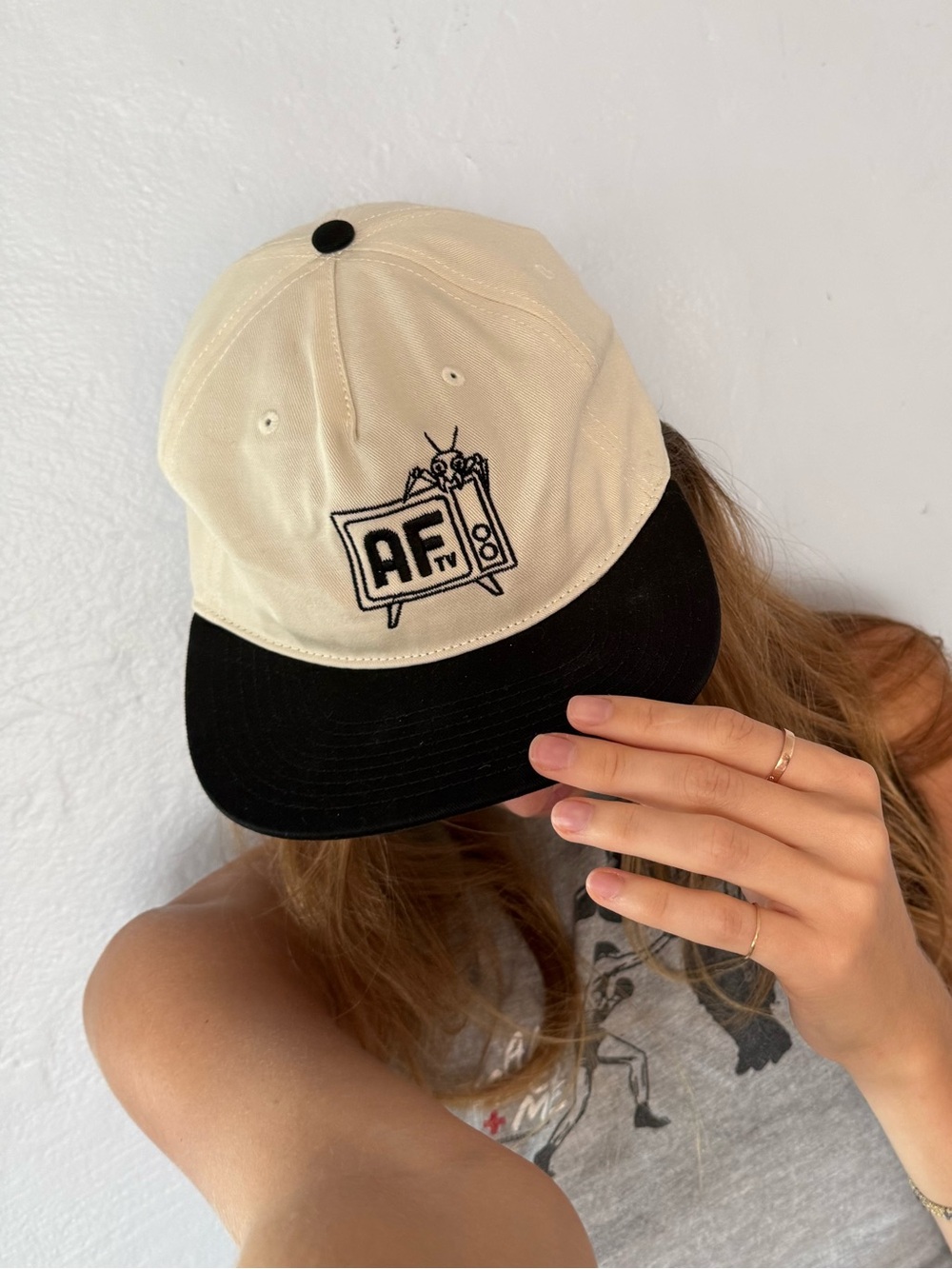 AFTV Embroidered Two-Tone Baseball Cap in Cream and Black